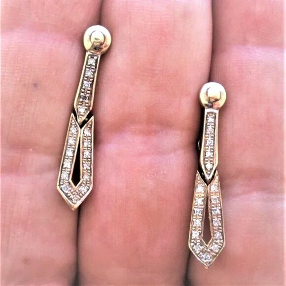 Vintage Soviet USSR Solid 14K 585 Yellow Gold Diamond Cluster Dangle Earrings - Picture 3 of 4